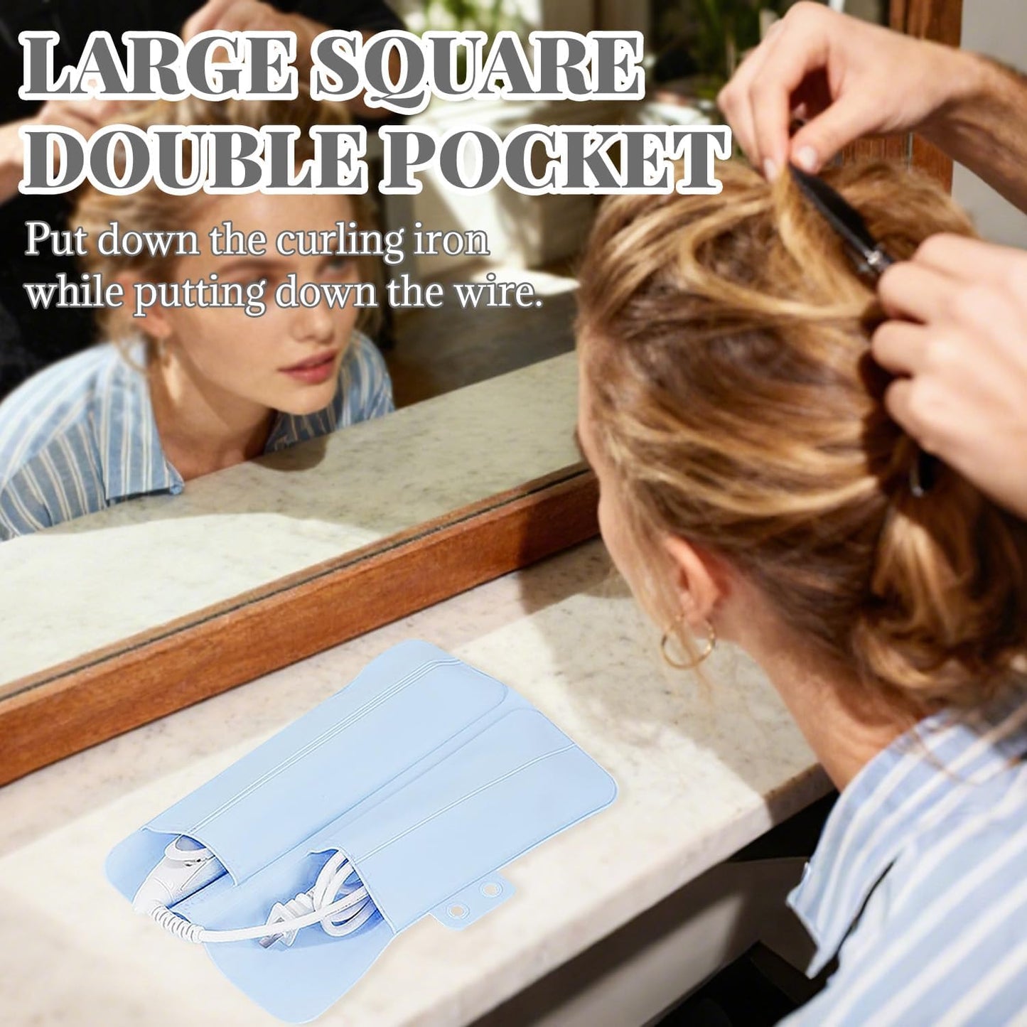 2-in-1 Heat Resistant Silicone Mat Travel Case, Soft Folding Storage Bag with 2 Pockets for Curling Iron, Flat Hair Straightener Non-Slip, Portable Hot Styling Tools(Blue)