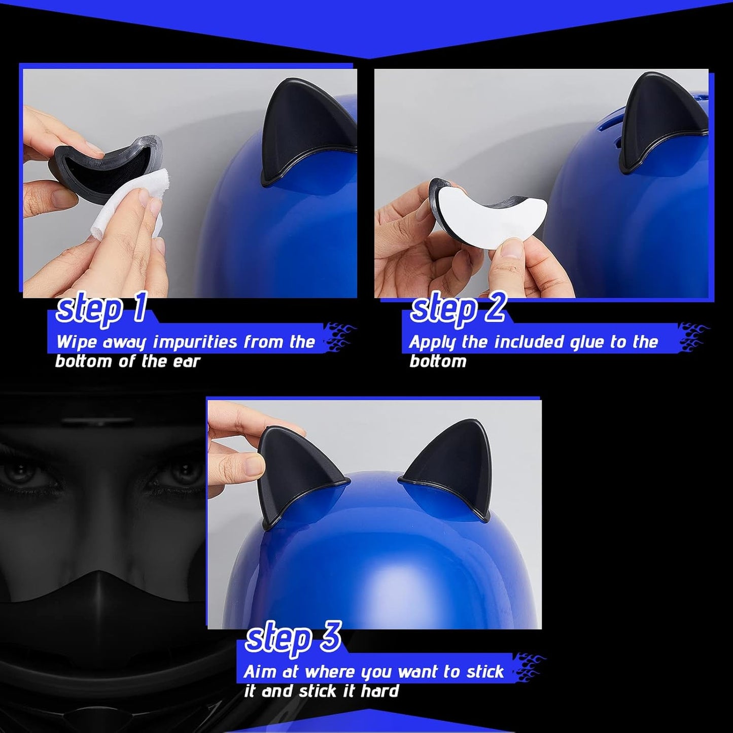 4 Pairs Helmet Devil Horns Motorcycle Accessories Cat Ears Wings with Adhesive Suction Cup Ski Bike for Women Men, Black