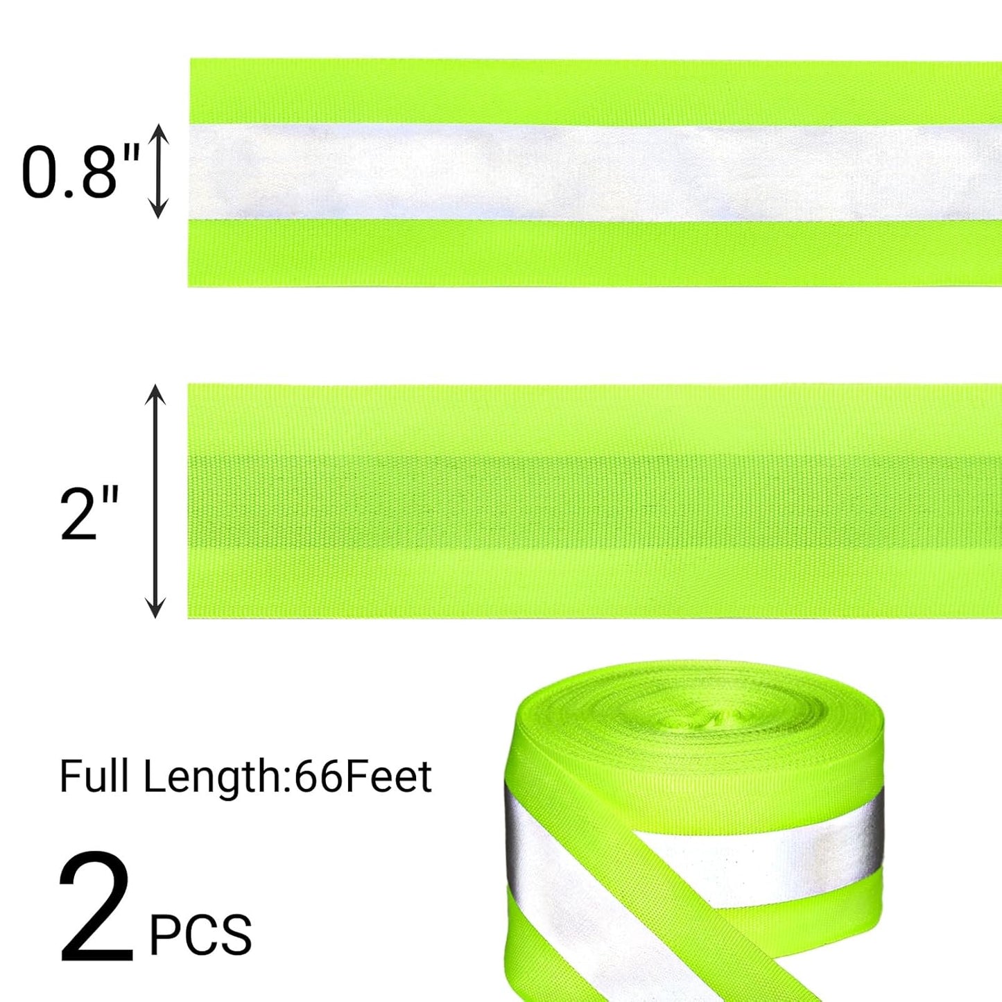 2 Rolls 2" x 66ft Reflective Ribbon, High Visibility Tape Strip, Sew On Safety Fabric Material, Silver Florescent Warning Strip Webbing for Walking Cycling Clothes Backpacks at Night