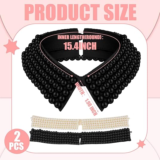 Ladies' Collar - 2-piece - Pearl Choker - Pearl Collar - Faux Collar - Women's - Fake Choker - Imitation Pearl - With Beads - Flap - Black + Beige
