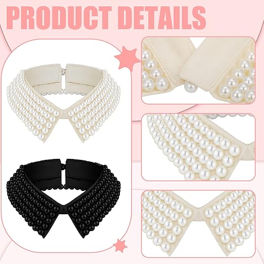 Ladies' Collar - 2-piece - Pearl Choker - Pearl Collar - Faux Collar - Women's - Fake Choker - Imitation Pearl - With Beads - Flap - Black + Beige