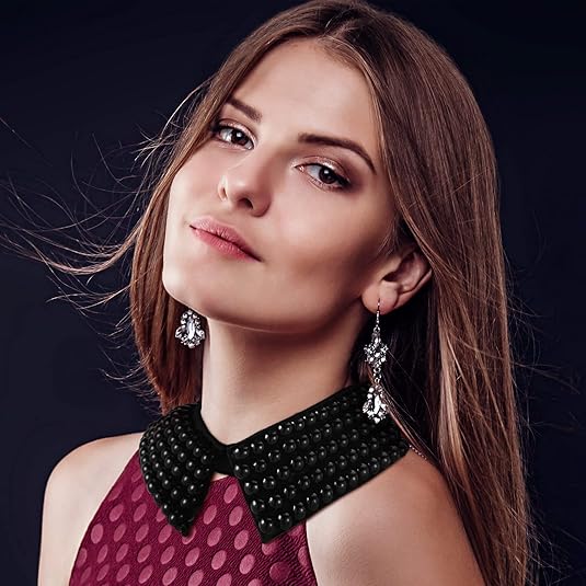 Ladies' Collar - 2-piece - Pearl Choker - Pearl Collar - Faux Collar - Women's - Fake Choker - Imitation Pearl - With Beads - Flap - Black + Beige