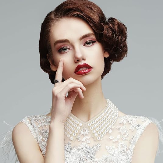 Ladies' Collar - 2-piece - Pearl Choker - Pearl Collar - Faux Collar - Women's - Fake Choker - Imitation Pearl - With Beads - Flap - Black + Beige