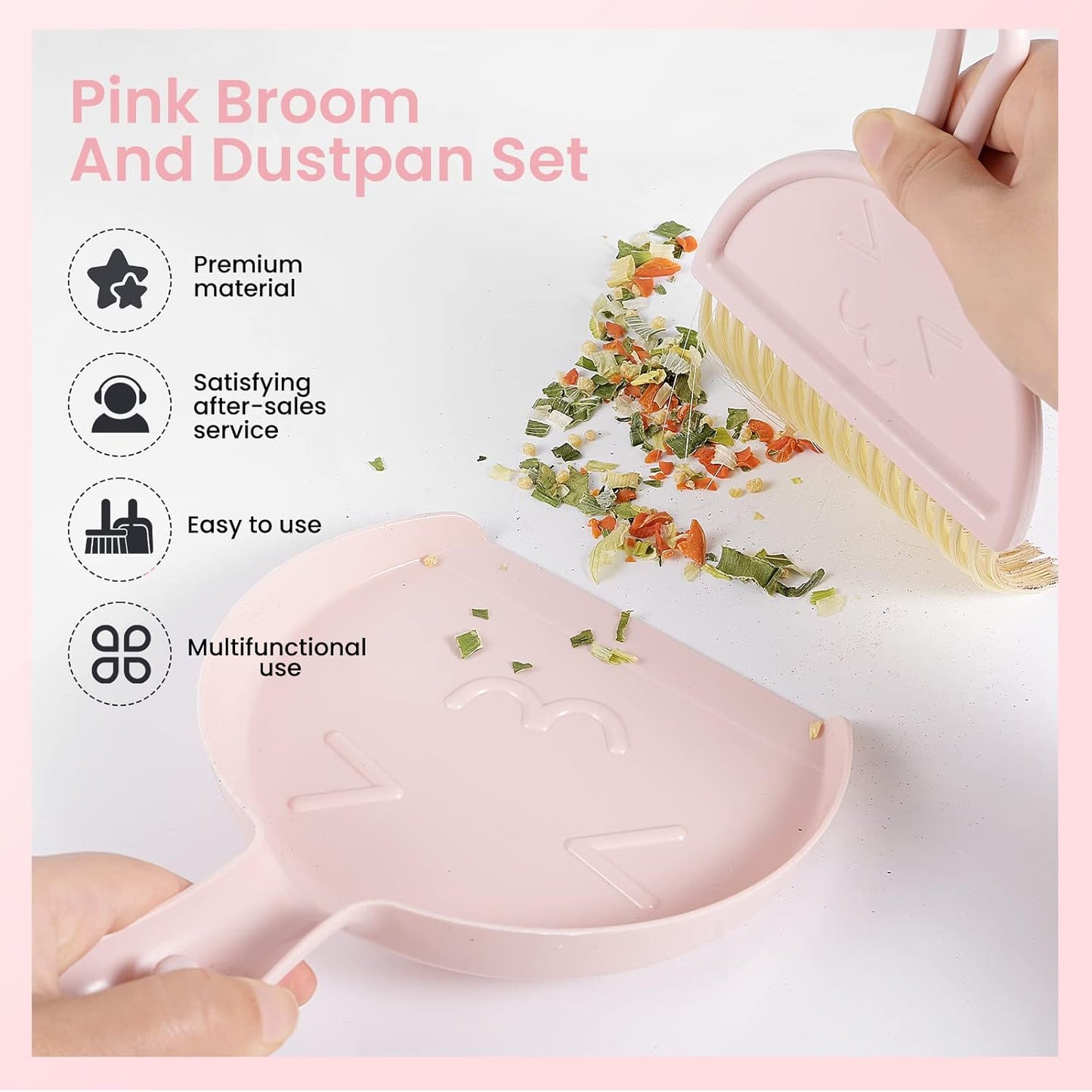 Mini dustpan and brush - pink set of brush and dustpan - portable combination of cleaning brush and dustpan - flexible edge - perfect for removing dust, dirt and grit - suitable for most hard surfaces - space-saving design