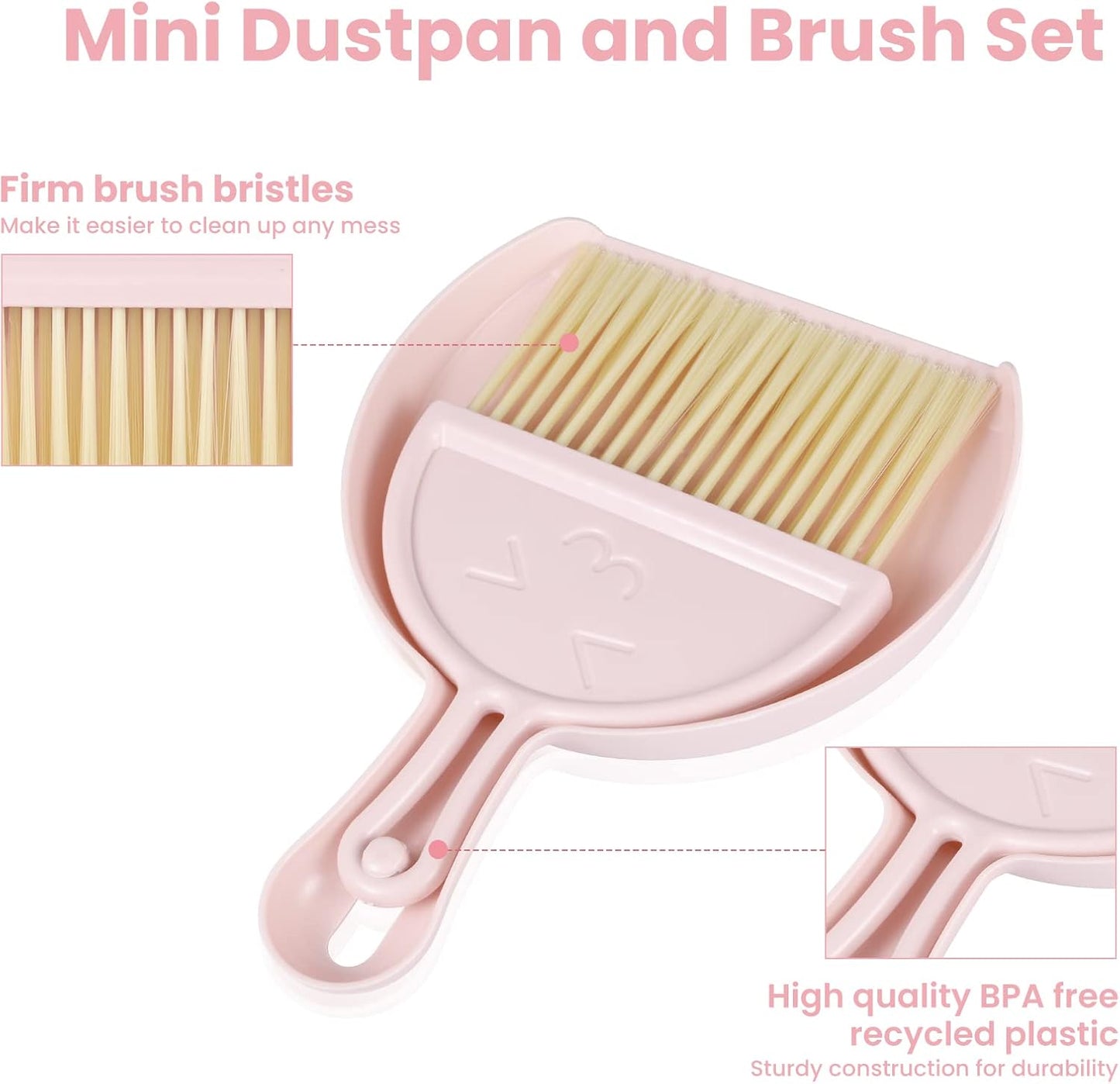 Mini dustpan and brush - pink set of brush and dustpan - portable combination of cleaning brush and dustpan - flexible edge - perfect for removing dust, dirt and grit - suitable for most hard surfaces - space-saving design