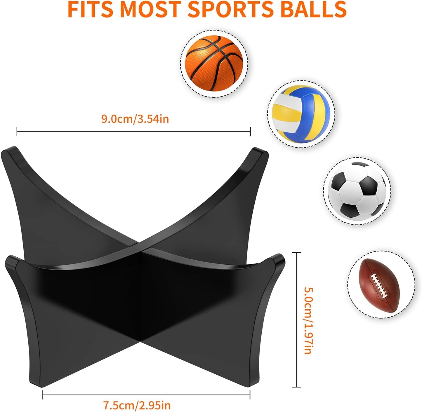 Ball Standard - Acrylic - Football, Basketball, Soccer, Volleyball, Rugby, etc. Display Standard - Ball Holders - 6 pieces - Black