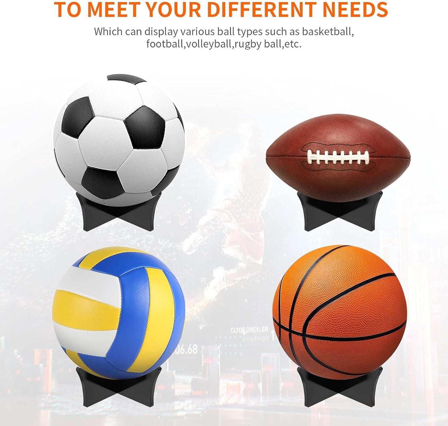 Ball Standard - Acrylic - Football, Basketball, Soccer, Volleyball, Rugby, etc. Display Standard - Ball Holders - 6 pieces - Black