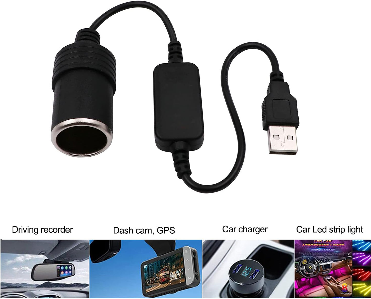USB A male to 12V car cigarette lighter female adapter cable (max. 8W)