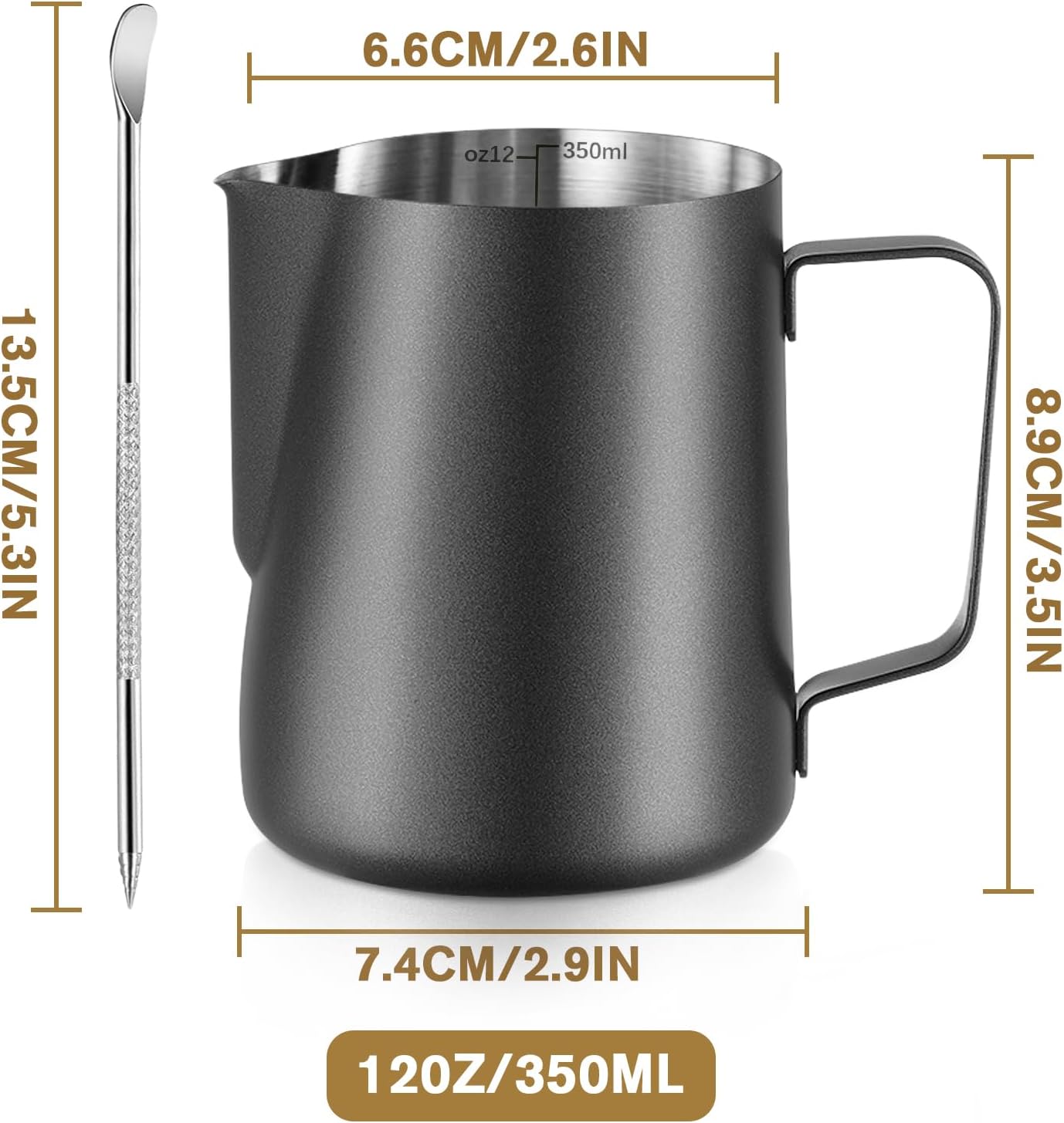 Melkopschuimpot - 350 ml stainless steel milk frothing jug for milk, coffee, cappuccino, latte art, barista frothing jug with decorative pen [black]