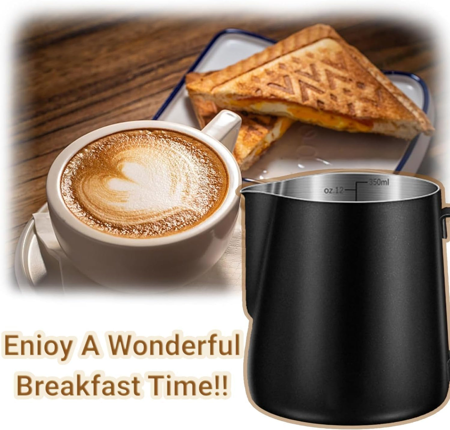Melkopschuimpot - 350 ml stainless steel milk frothing jug for milk, coffee, cappuccino, latte art, barista frothing jug with decorative pen [black]