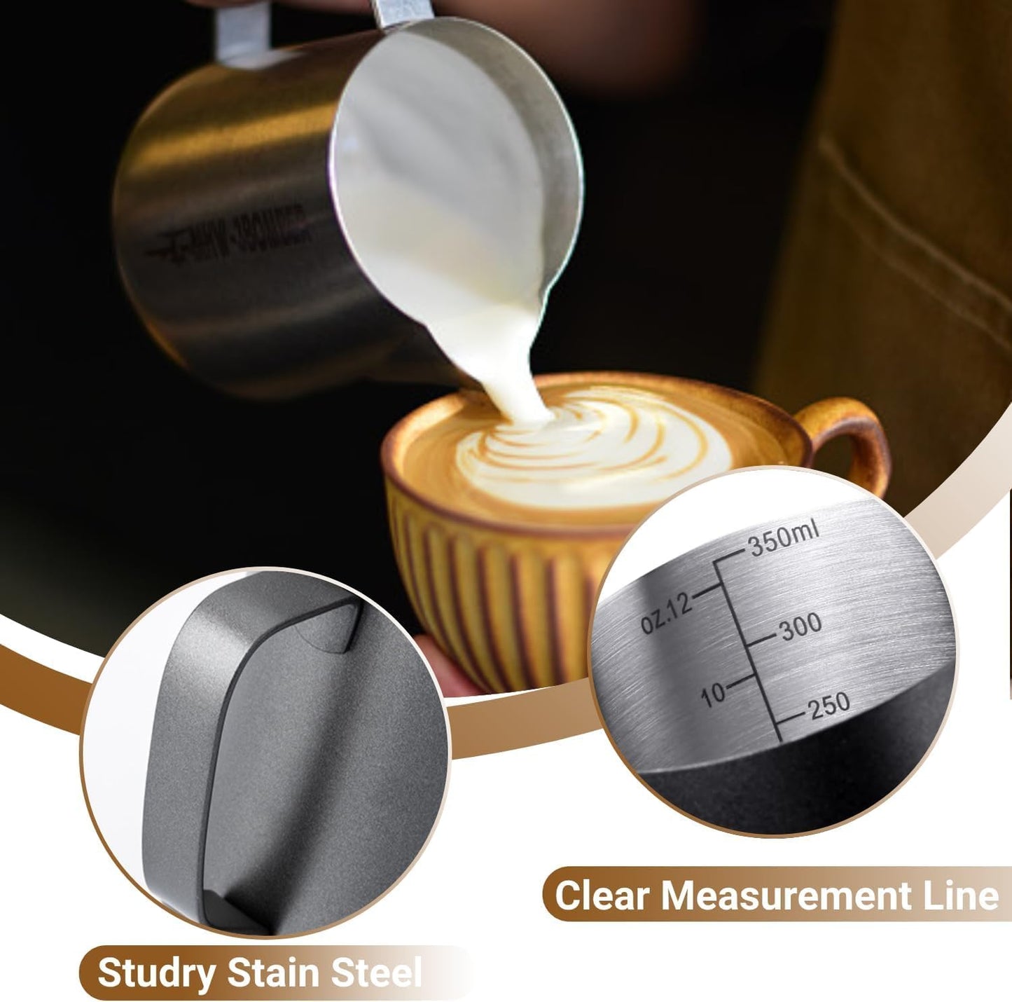 Melkopschuimpot - 350 ml stainless steel milk frothing jug for milk, coffee, cappuccino, latte art, barista frothing jug with decorative pen [black]
