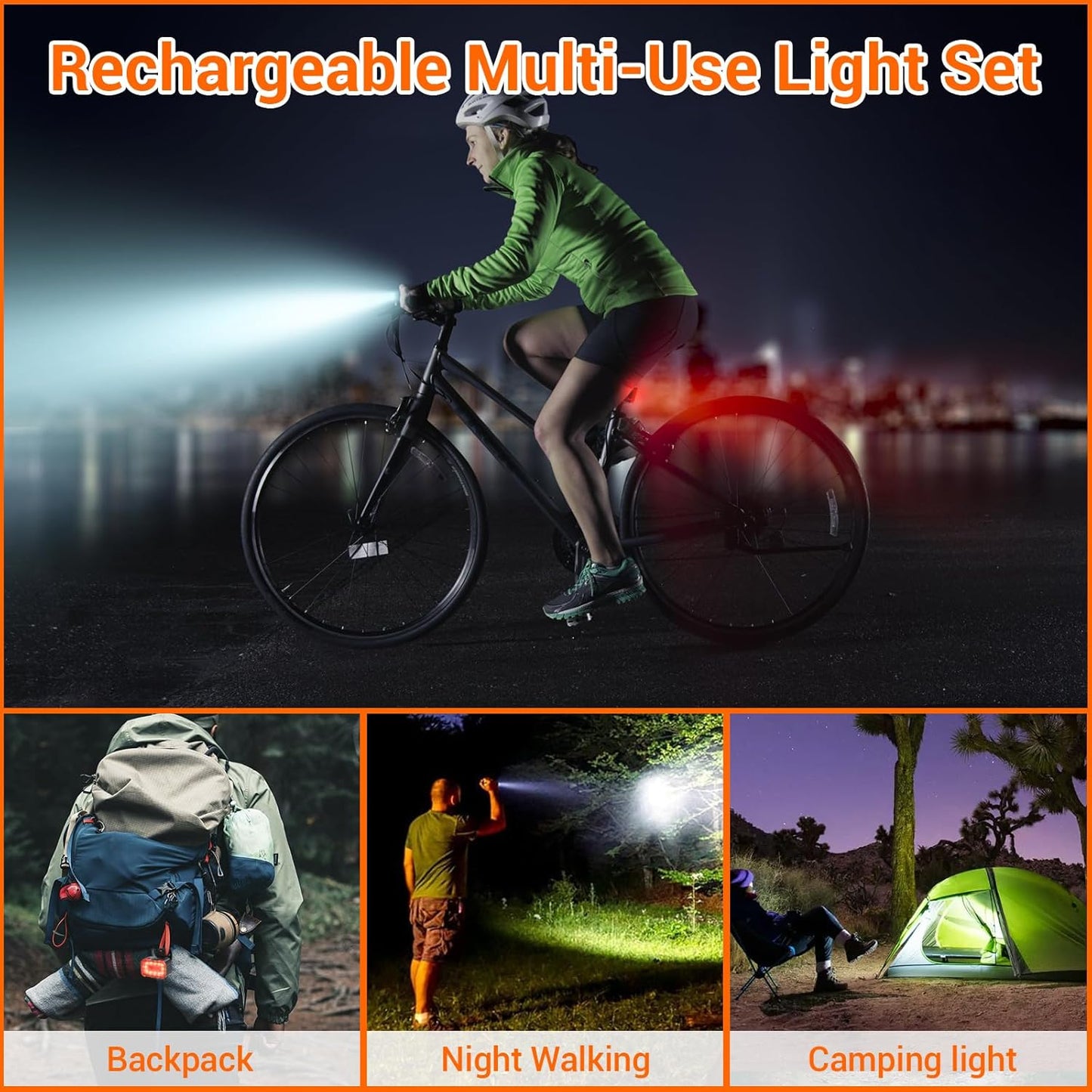 Bike light - IPX6 waterproof - Front and rear light - Rechargeable - Type-C charging port - 5+6 modes - Front and rear light combination - 300 lumens - Super bright - Night riding - Suitable for kids and adults - 106 g