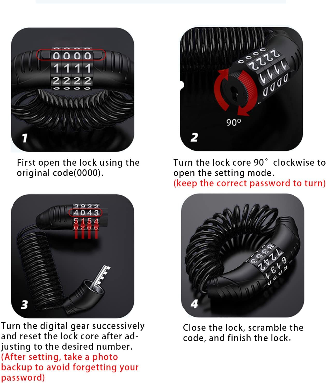 Combination lock - 2 pieces - Black - Motorcycle helmet lock - Theft security - Retractable - Luggage lock - With 4-digit combination - Security lock