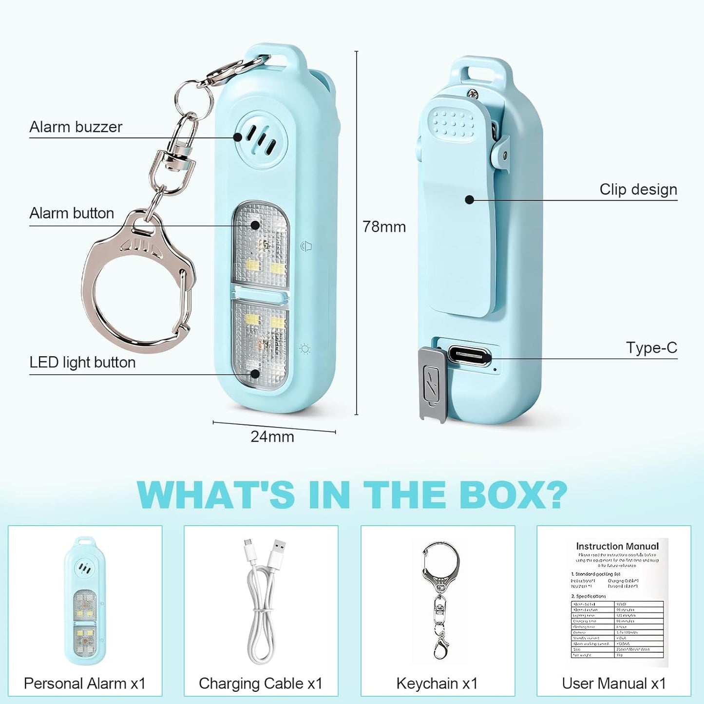 Rechargeable personal safety alarm for women - 130 dB self-defence keychain alarm - with strobe light and LED torch - bear alarm - rechargeable emergency safety alarm - suitable for night runners and children - blue
