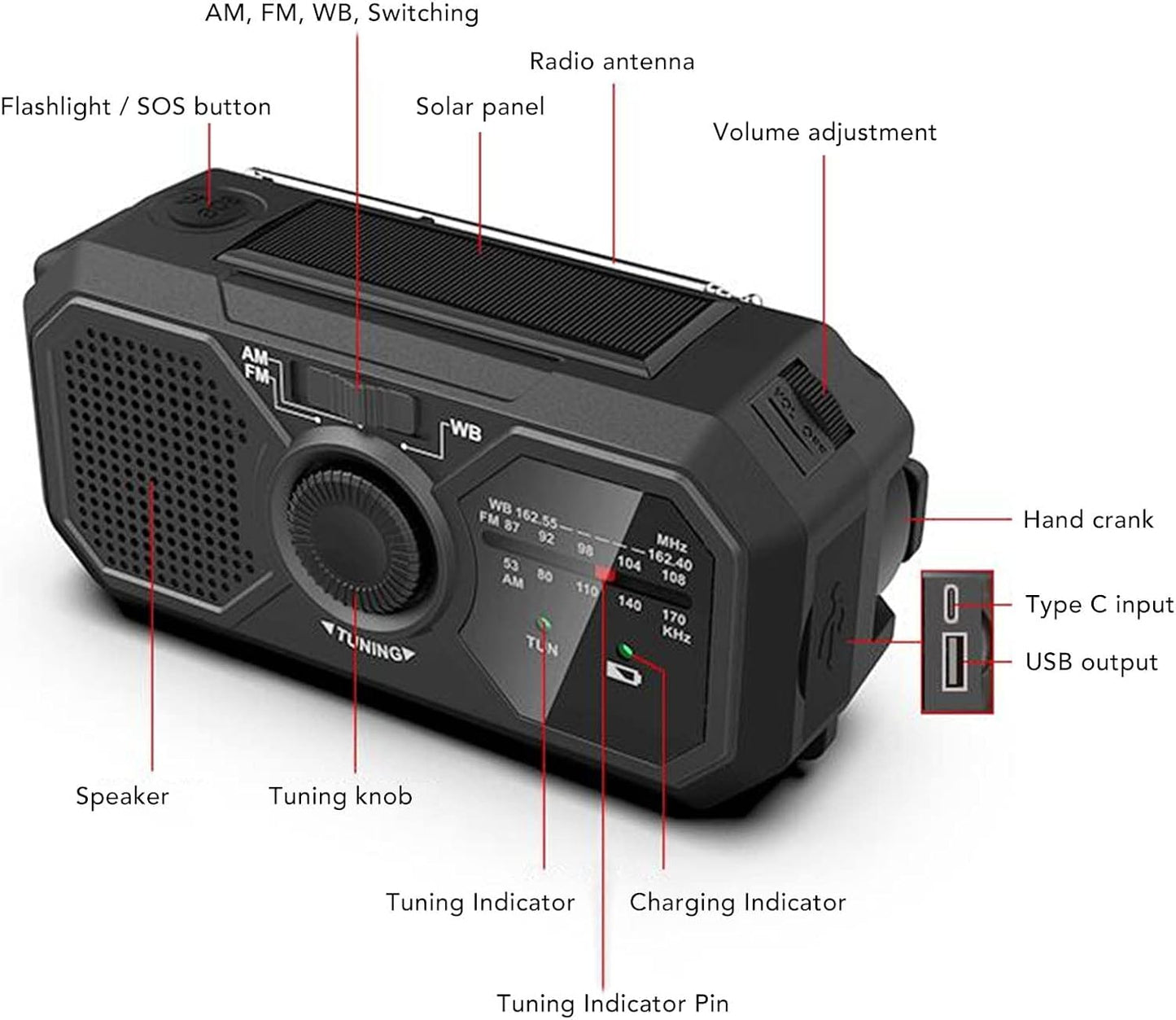 Noodradio - Solar-powered emergency radio, hand-operated - AM/FM/weather radio - With torch - SOS alarm function - Emergency charging function - Portable emergency radio (black) Suitable for camping, hiking and home emergencies