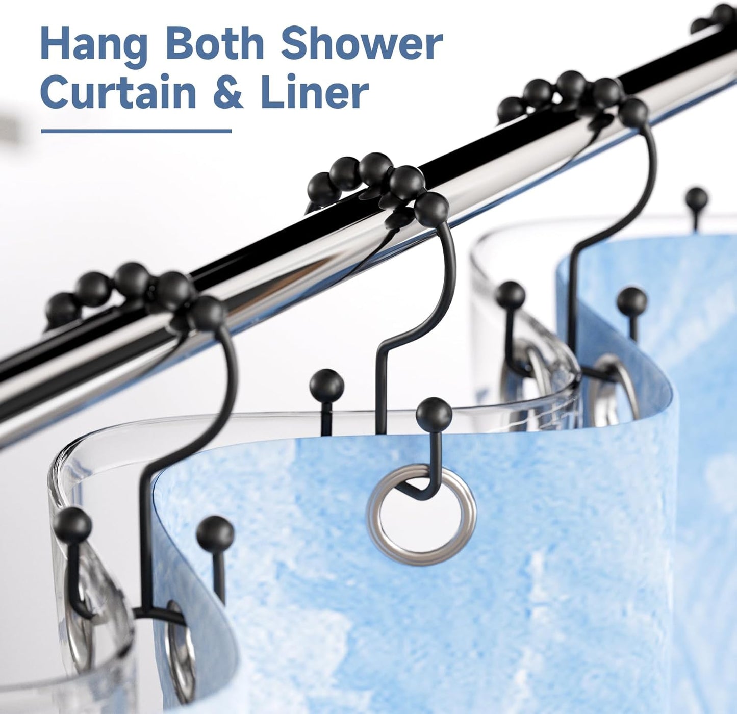 Matzwarte shower curtain hooks (12-pack) - Double hooks made of stainless steel - Hooks with smooth rolling action - Suitable for shower curtains up to 3.3 cm thick - Suitable for shower curtains and waterproof liners. (black)