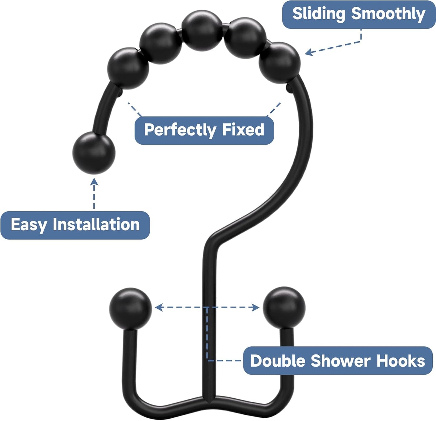 Matzwarte shower curtain hooks (12-pack) - Double hooks made of stainless steel - Hooks with smooth rolling action - Suitable for shower curtains up to 3.3 cm thick - Suitable for shower curtains and waterproof liners. (black)