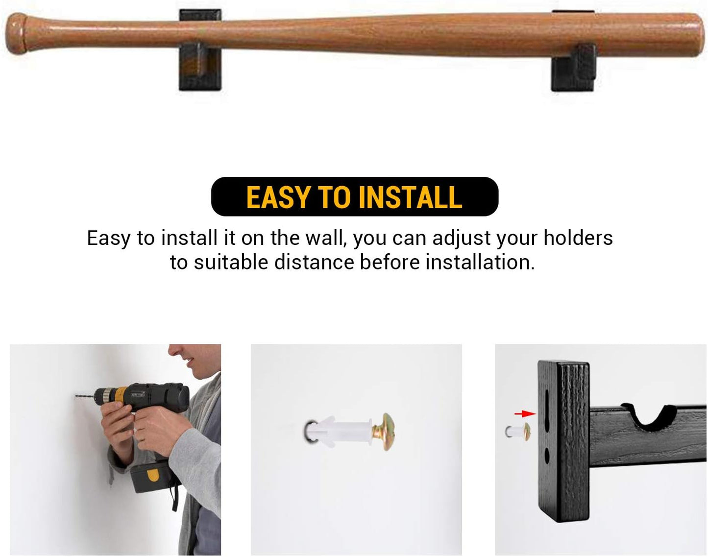 Display standard - Black - Baseball bat display standard - Baseball bat holder - Wall mounting - Horizontal baseball bat standard - Baseball bat holder - 2 pieces - Black