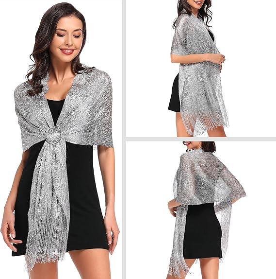 Ladies' scarf - shimmering metallic scarf - fringed scarf - suitable for evening parties, weddings, sea, beaches - with clip