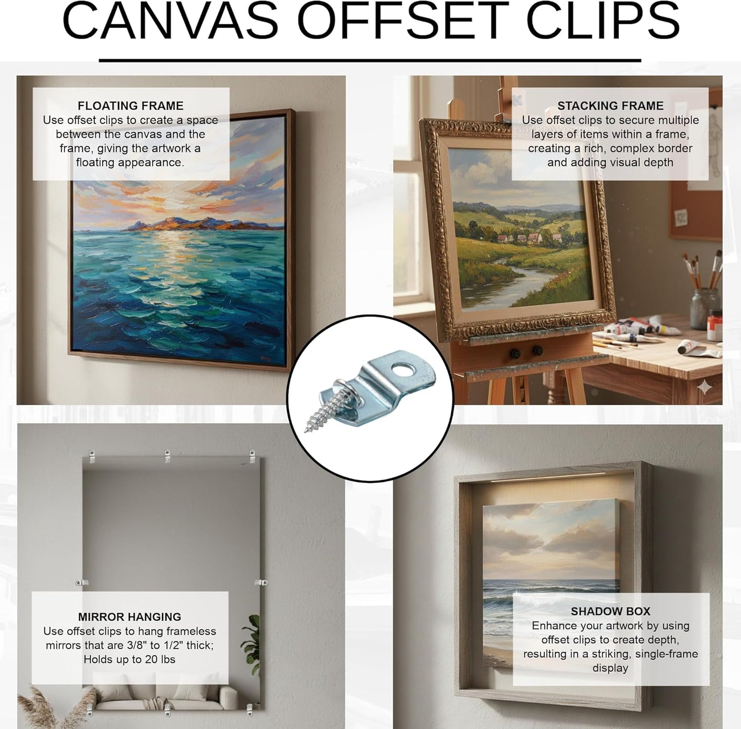 Canvas Clips 8-Pk: (1/2" Offset) or Choose Your Length; Mirror Picture Frame or Artwork Hanging Floater Framing; 8 Screws Included; Glass Panel Metal Retainer Clip