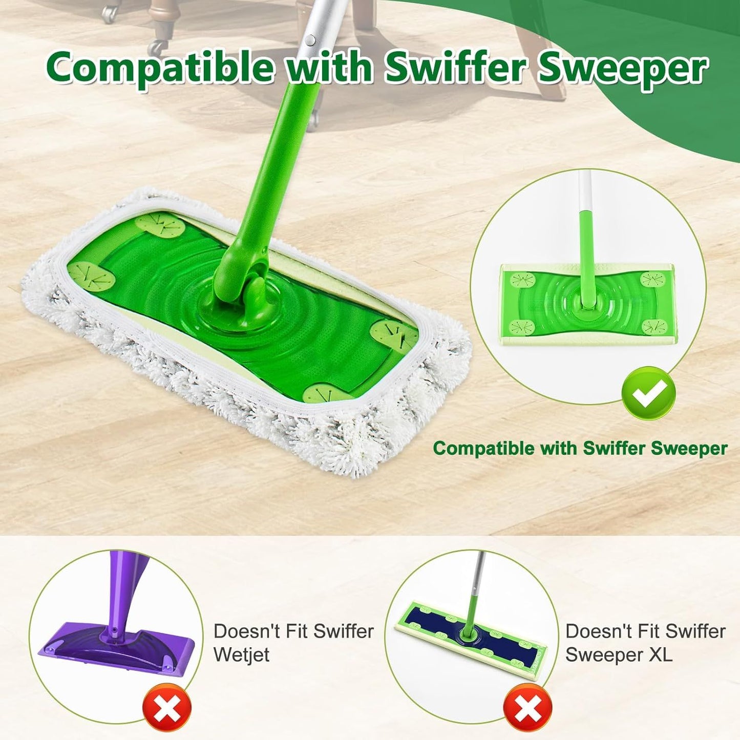 4 Pack Reusable Mop Pads Compatible with Swier Sweeper Mop,Wet Pads Reill & Dry Sweeping Cloths,Chenille & Microiber Reill Pads or Wood loor Cleaning,Washable Wet Mopping Cloths,Green & Gray
