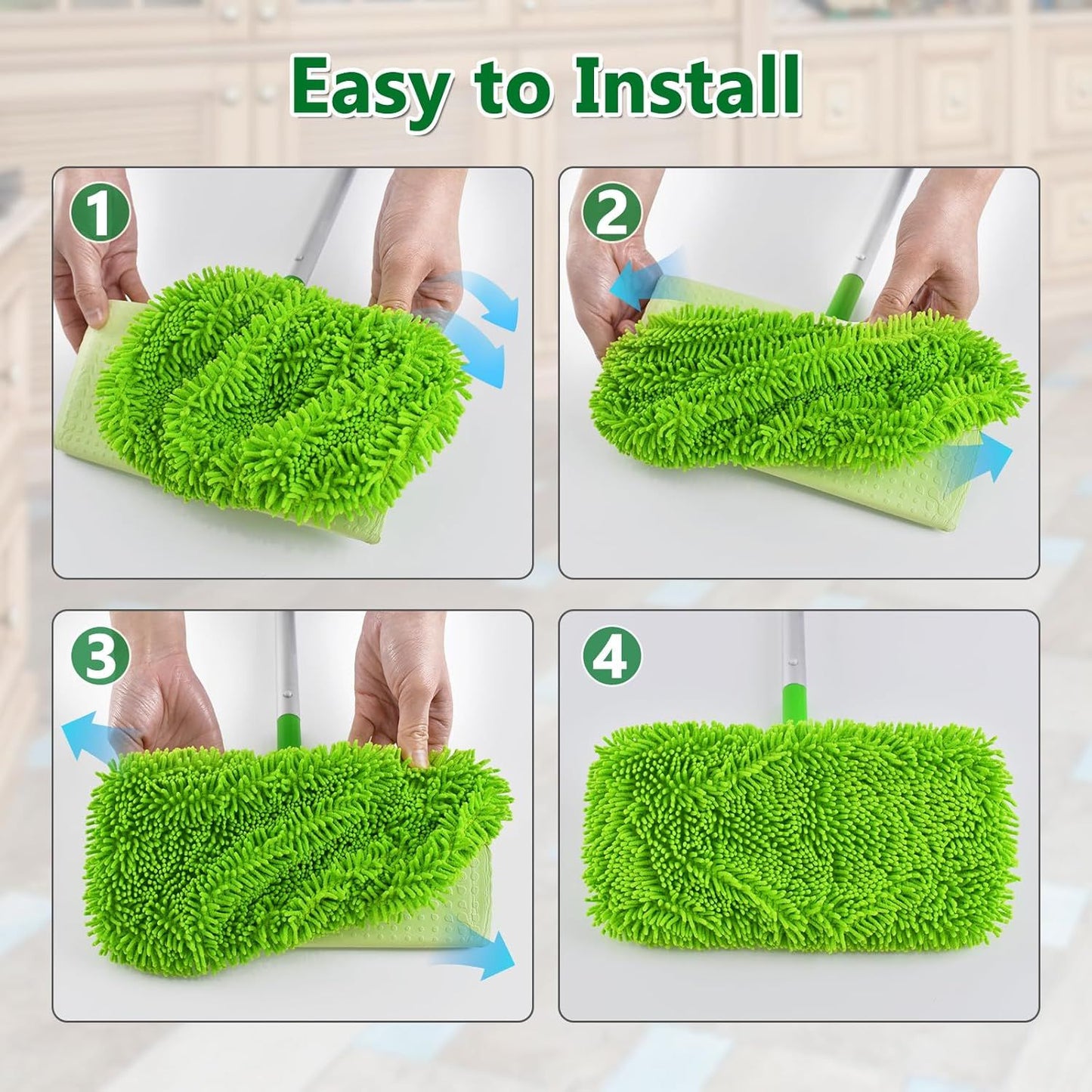 4 Pack Reusable Mop Pads Compatible with Swier Sweeper Mop,Wet Pads Reill & Dry Sweeping Cloths,Chenille & Microiber Reill Pads or Wood loor Cleaning,Washable Wet Mopping Cloths,Green & Gray