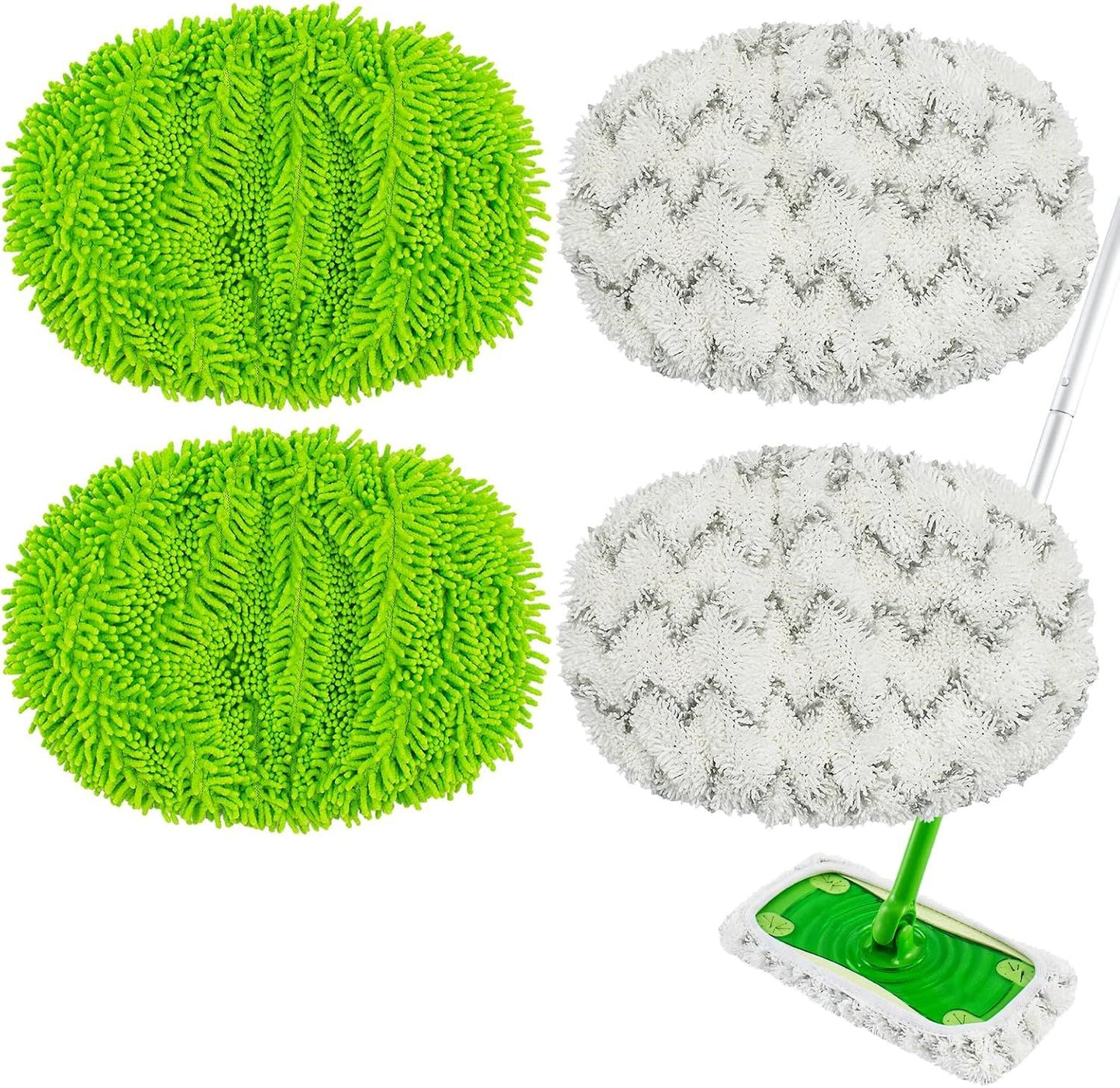 4 Pack Reusable Mop Pads Compatible with Swier Sweeper Mop,Wet Pads Reill & Dry Sweeping Cloths,Chenille & Microiber Reill Pads or Wood loor Cleaning,Washable Wet Mopping Cloths,Green & Gray