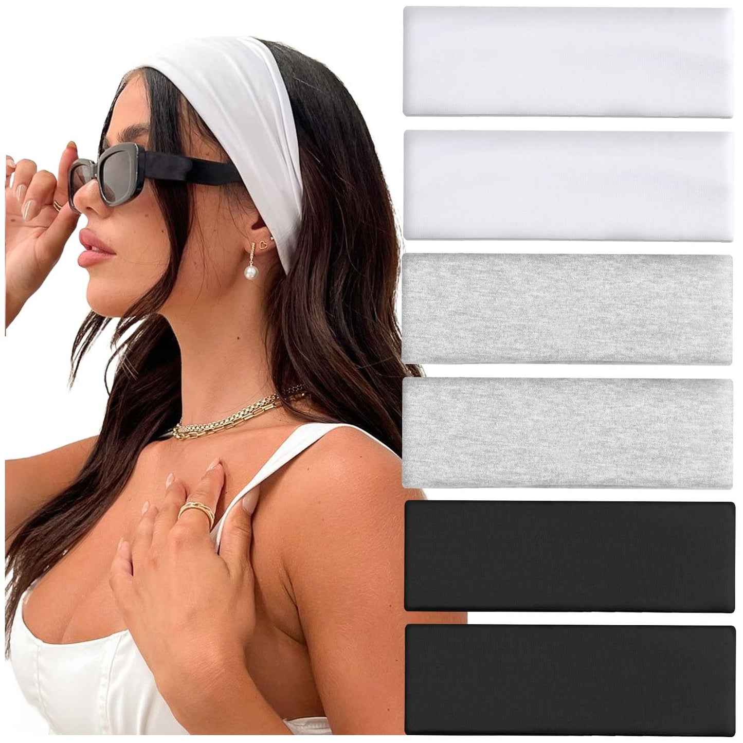 Workout Headbands or Women Non Slip, Premium Stretchy Sot abric Head Bands or Women's Hair, Wear or Yoga, Running, Sport, 6 Pack, Black White Grey