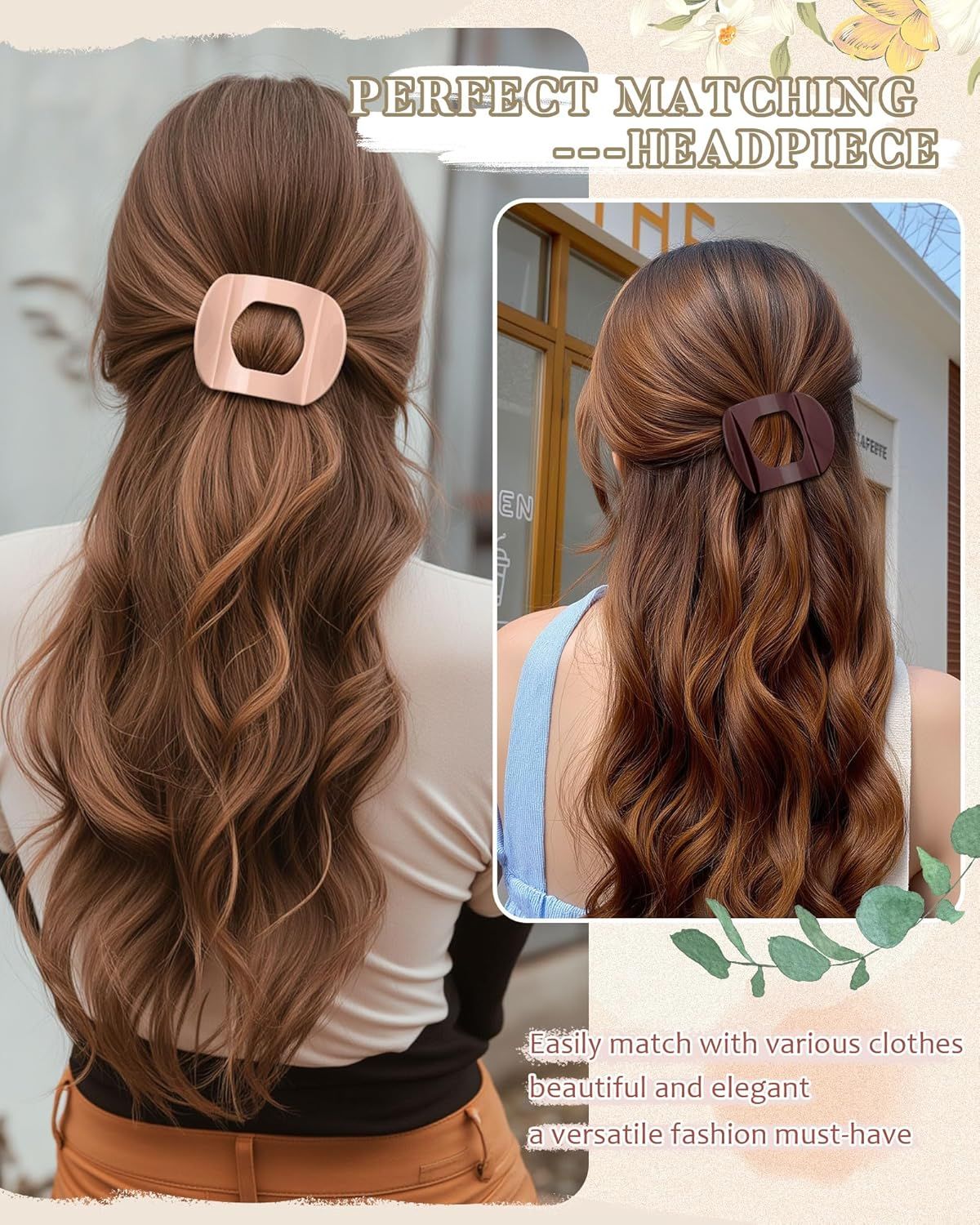 6Pcs lat Hair Clips or Women Strong Grip Curved Claw Clip or Thin Hair Non-slip Plastic Hair Barrettes ((Light Brown+Dark Brown+Light Brown+Dark Brown+O-White+Chestnut))