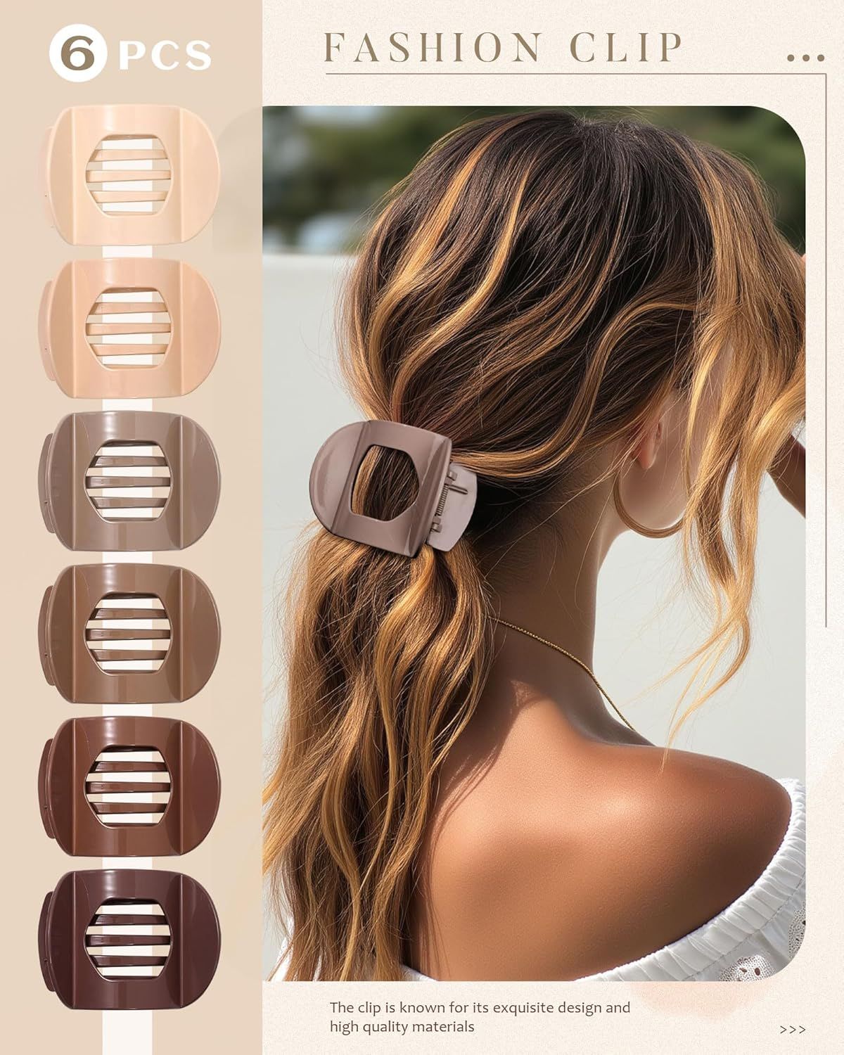 6Pcs lat Hair Clips or Women Strong Grip Curved Claw Clip or Thin Hair Non-slip Plastic Hair Barrettes ((Light Brown+Dark Brown+Light Brown+Dark Brown+O-White+Chestnut))