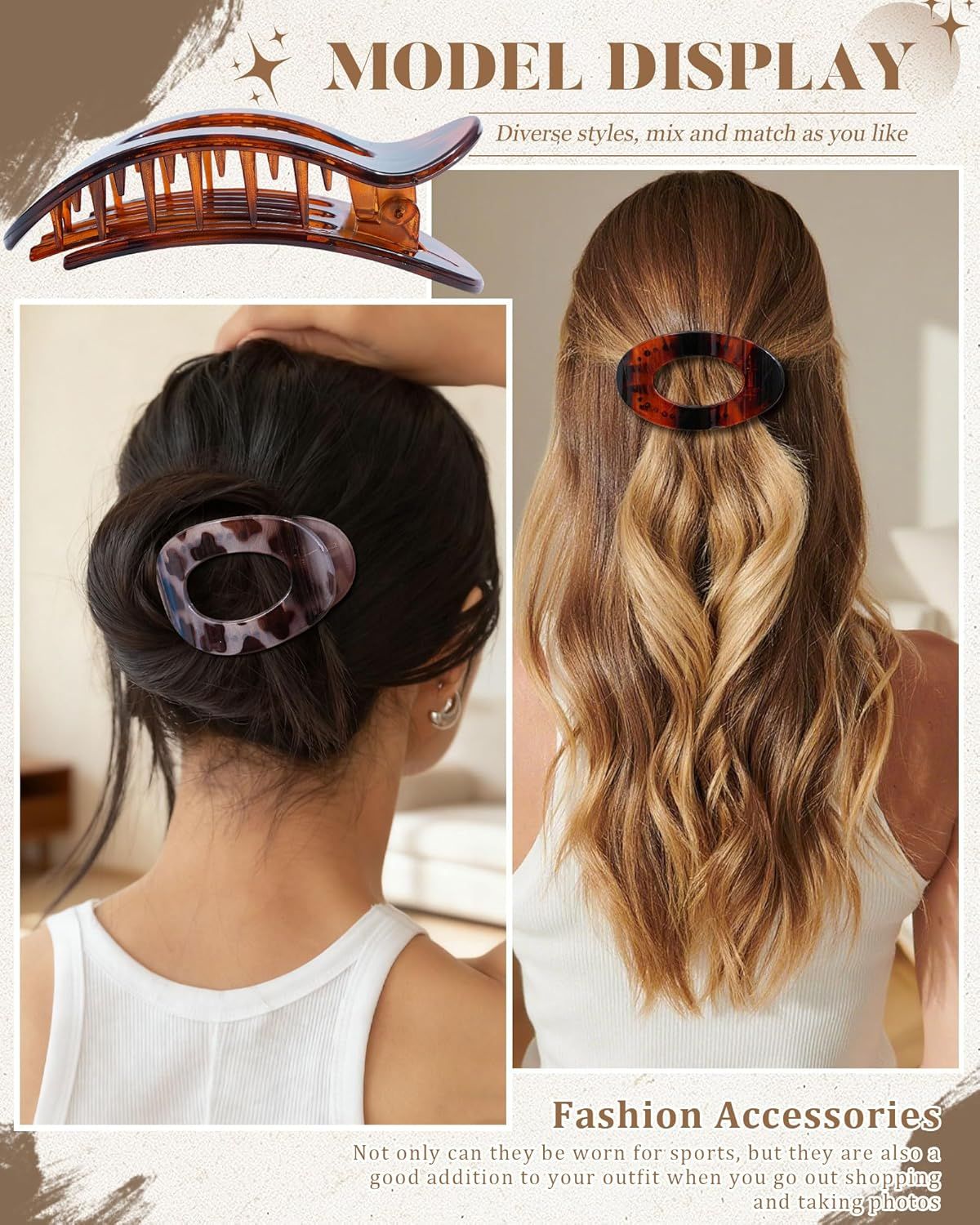 lat Hair Clips or Women 4.33" Lay lat Claw Clip or Hair 6Pcs Round Large Hair Claw Clips (Glossy - Leopard Series)