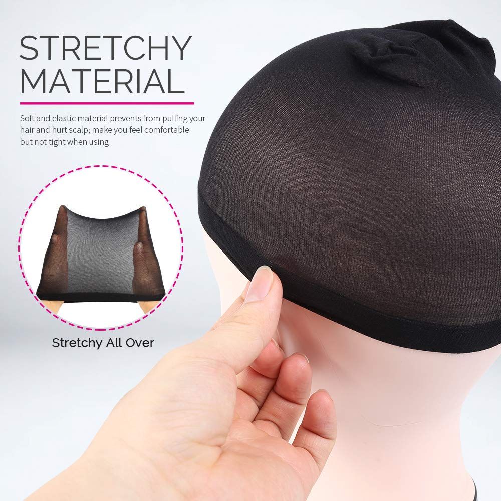 Wig Cap, Nylon Wig Caps, 4 Pieces Stocking Wig Caps or Women (Black）