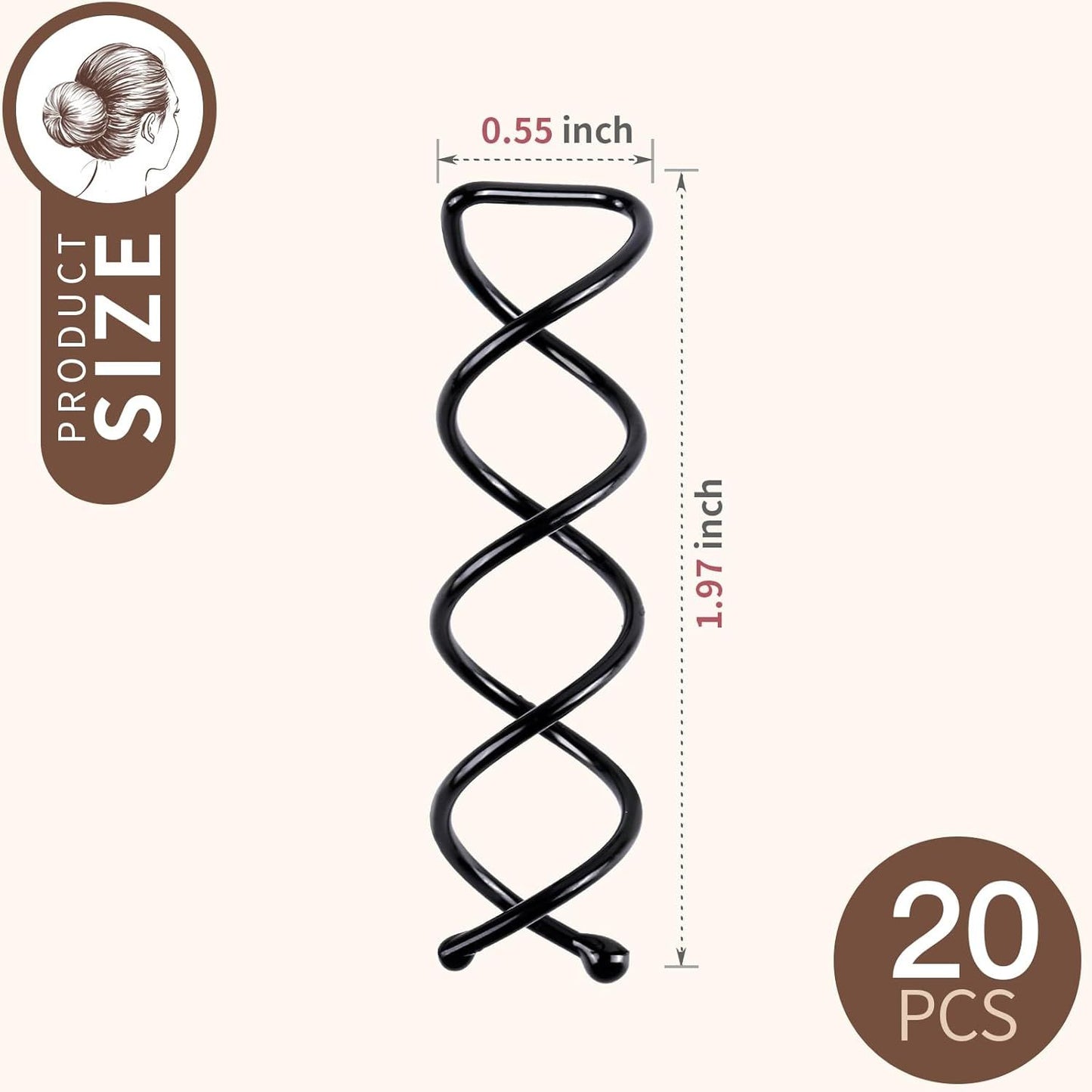 20PCS Spiral Hair Pins, Spin Pins Spiral Bobby Pins or Girls, Women and Kids, Non-Scratch Round Clip & Bun Twist, Stylish Bun Bobby Pins, Premium Spin Pins or Hair, Black
