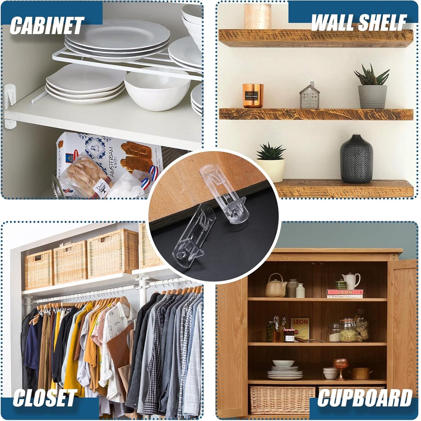 Biaungdo 12 Pcs Plastic Locking Shelf Support Pegs, 5mm Clear Cabinet Shelf Pins Self-Locking Cabinet Shelf Pegs Clips for Kitchen Furniture Bookcase Closet(Fit 5mm Diameter Hole & 3/4 Inch Shelf)