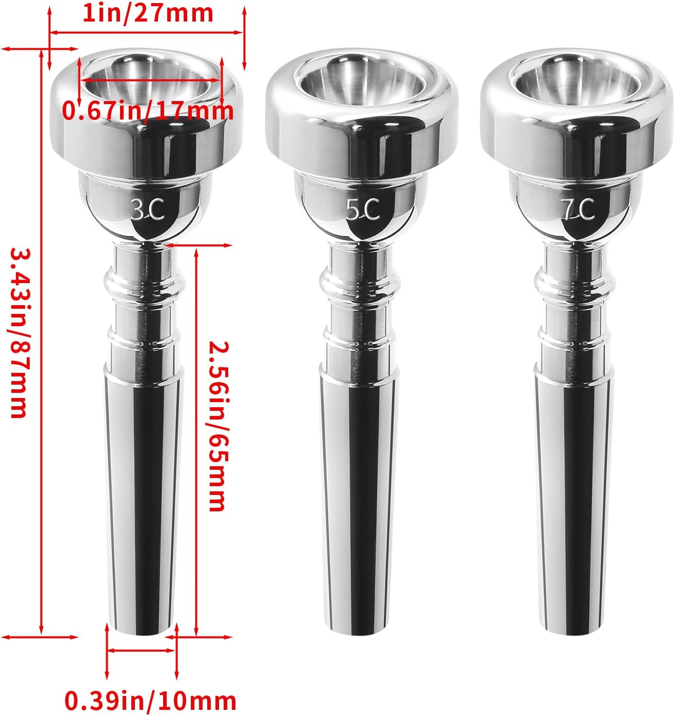Biaungdo Trumpet Mouthpiece 7C 5C 3C, 3 Pcs Brass Material Silver Plated Trumpet Mouthpiece Set for Professional Players, Beginner