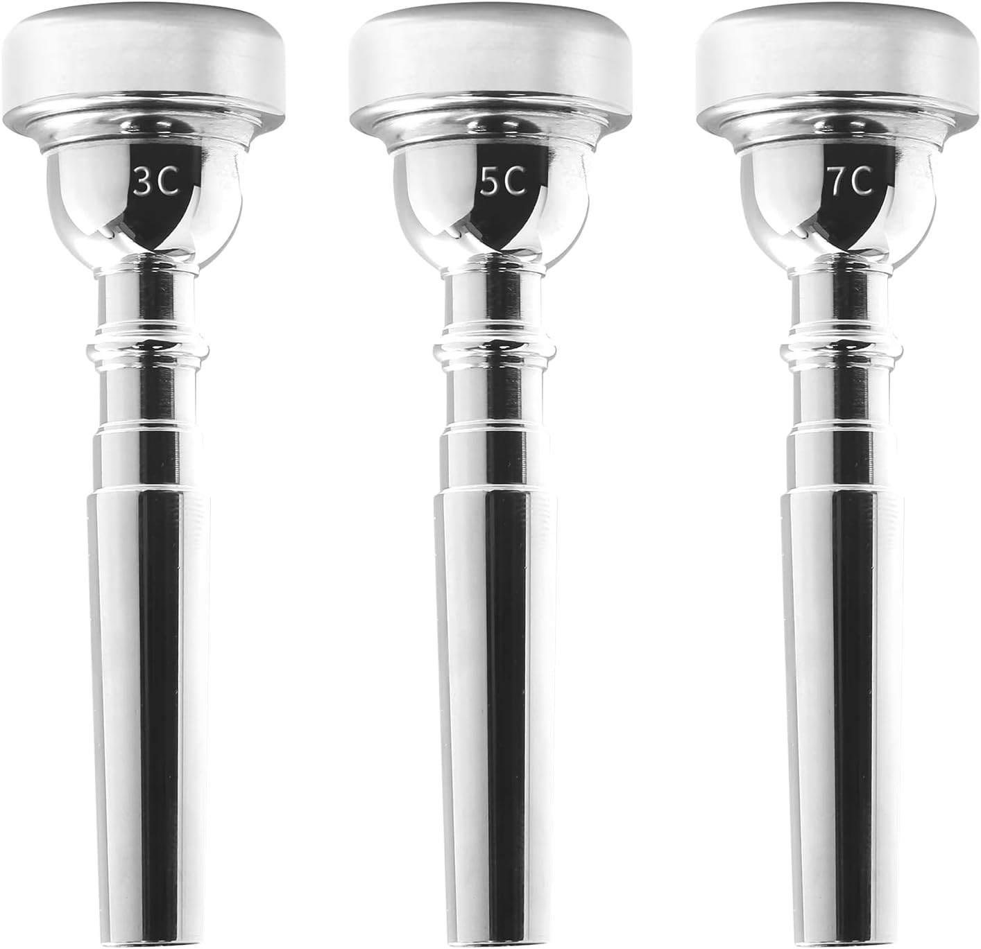 Biaungdo Trumpet Mouthpiece 7C 5C 3C, 3 Pcs Brass Material Silver Plated Trumpet Mouthpiece Set for Professional Players, Beginner