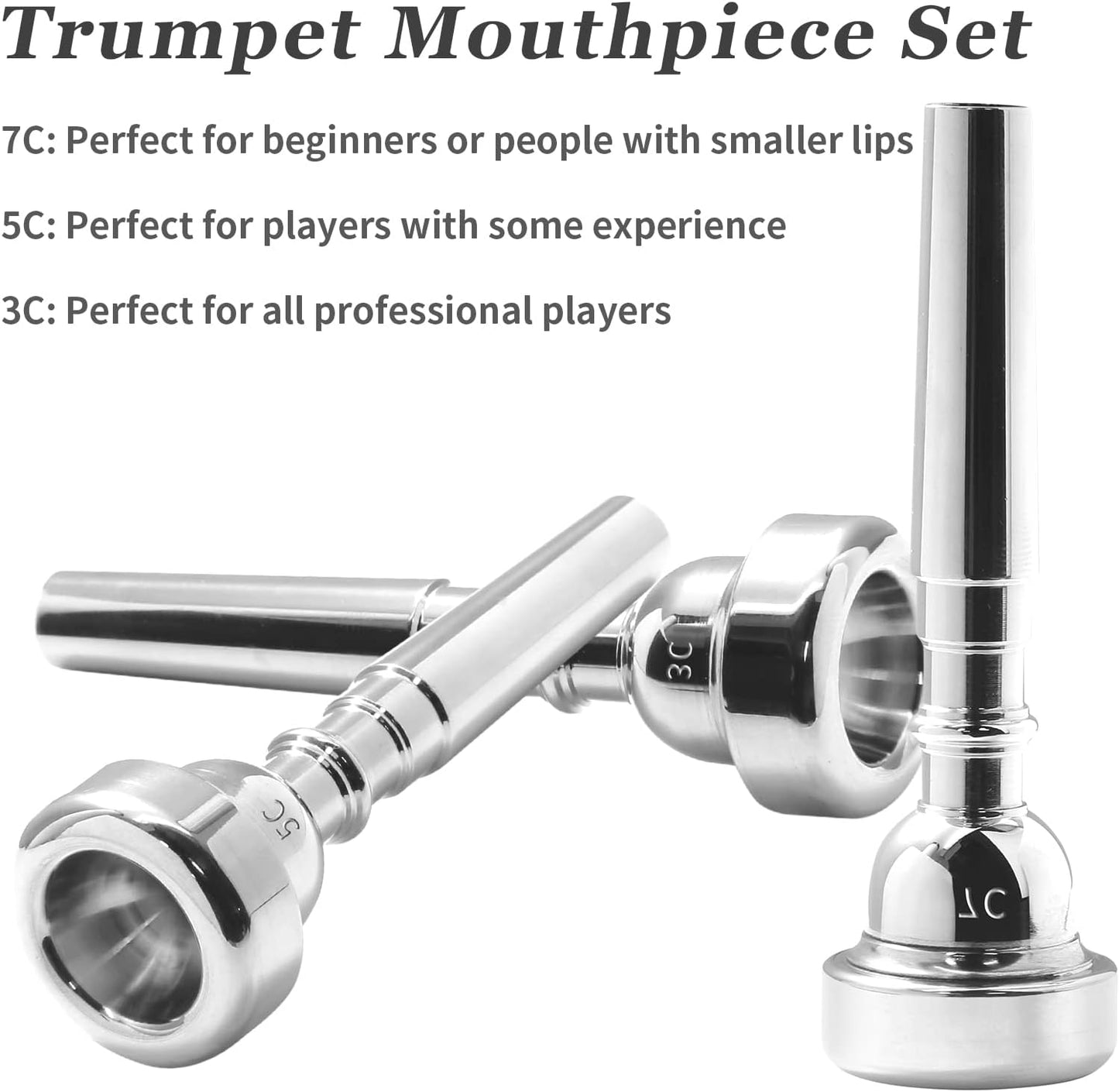 Biaungdo Trumpet Mouthpiece 7C 5C 3C, 3 Pcs Brass Material Silver Plated Trumpet Mouthpiece Set for Professional Players, Beginner