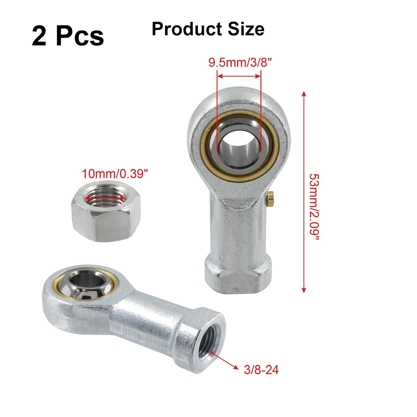 Biaungdo 2 Pcs 304 Stainless Steel PHSB6 Rod End Bearing, 3/8 x 3/8-24 Female Right Hand Heim Joint Rod End Bearing with Jam Nut