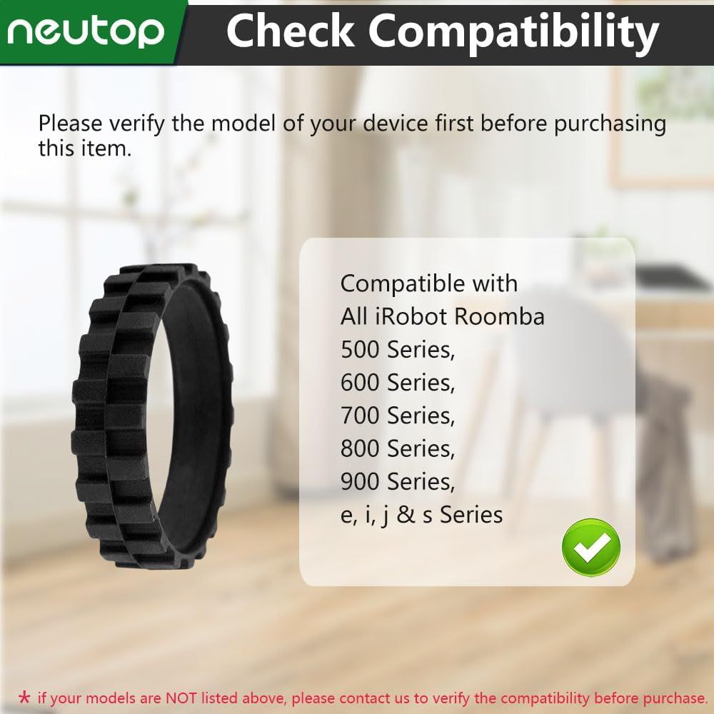Replacement Rubber Wheel Tires Compatible with iRobot Roomba 500, 600, 700, 800, 900, e, i, j & S Series Models, Anti-slip, Great Adhesion and Easy Assembly, 4-Pack.