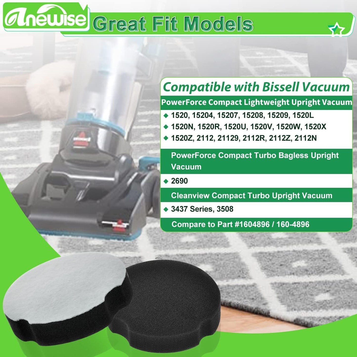 6 Pack ilter Replacement or Bissell Cleanview Compact Turbo 3508 3437 Powerorce Compact Lightweight Upright 2112 1520 or Bissel Turbo Bagless 2690 Vacuum, Parts #1604896/160-4896