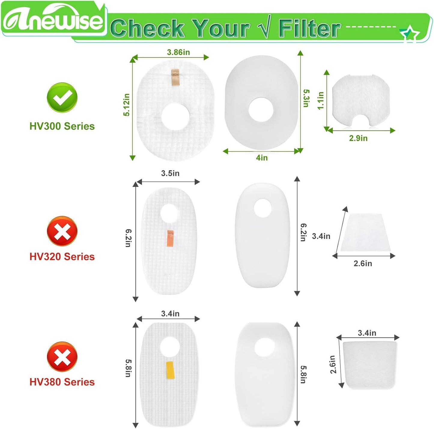 4 Pack ilter Replacement or Shark Rocket HV301, HV302, HV30126, HV300, HV305, HV292, HV307Q, QS301Q, HV310, UV450 Ultralight Corded Stick Vacuum, Part #XV300, 4 oam + elt + Post ilters