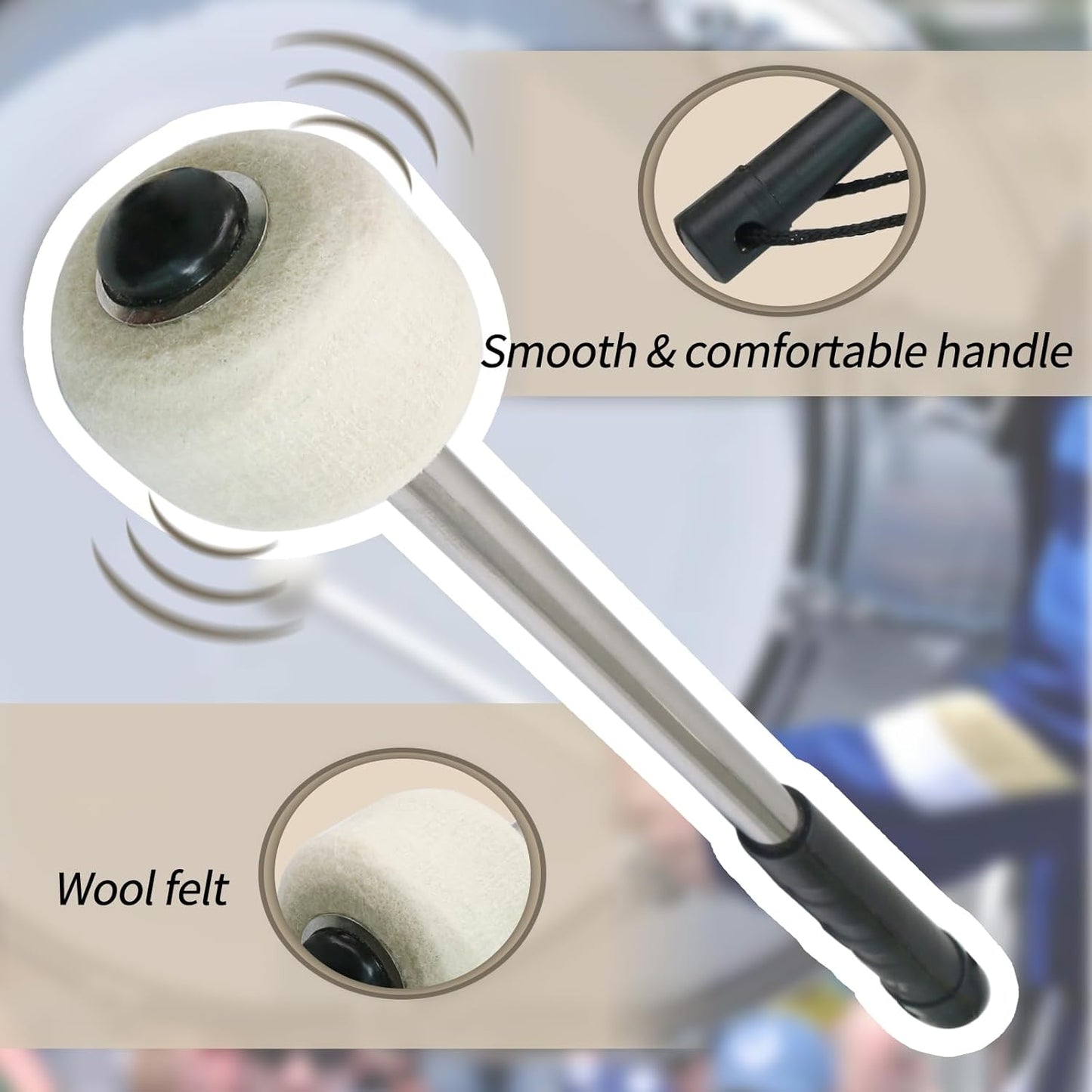 Biaungdo 2 Pack Drum Mallet, 32cm/12.6" Wool Felt Drum Stick, Bass Drum Mallet Drum Stick, Anti-slip Bass Percussion Sticks with Stainless Steel Handle, Beige White