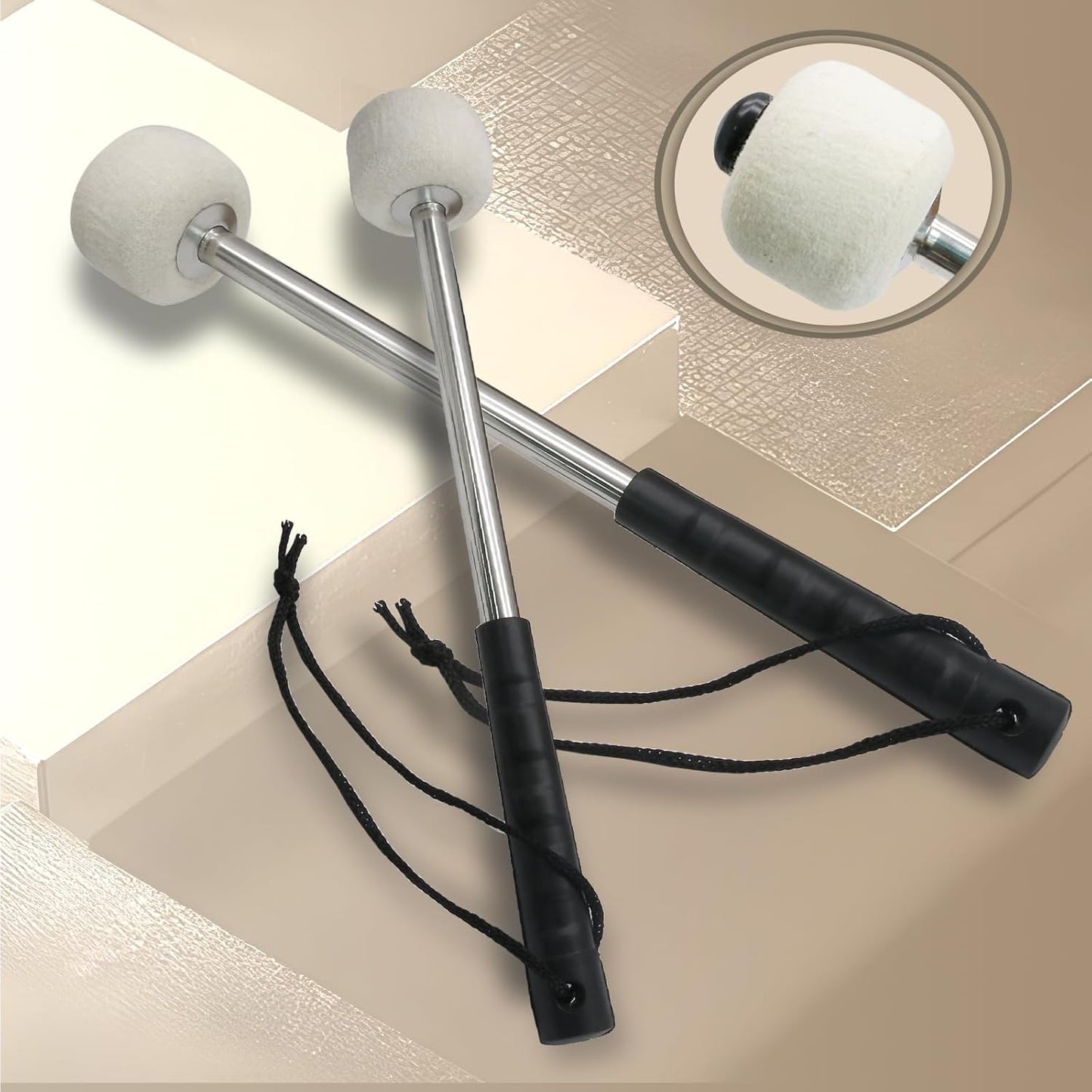 Biaungdo 2 Pack Drum Mallet, 32cm/12.6" Wool Felt Drum Stick, Bass Drum Mallet Drum Stick, Anti-slip Bass Percussion Sticks with Stainless Steel Handle, Beige White