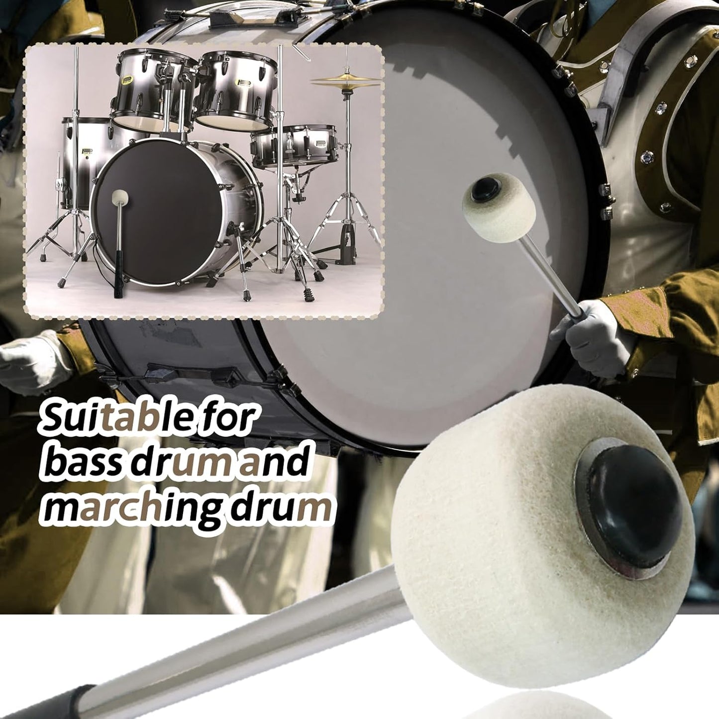 Biaungdo 2 Pack Drum Mallet, 32cm/12.6" Wool Felt Drum Stick, Bass Drum Mallet Drum Stick, Anti-slip Bass Percussion Sticks with Stainless Steel Handle, Beige White