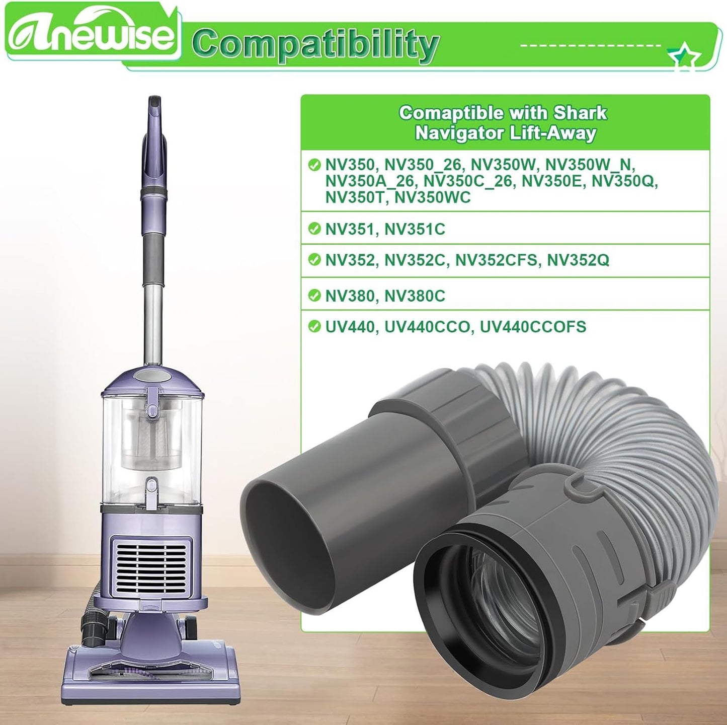 Replacement Hose Part or Shark Navigator Lit Away Deluxe Vacuum NV352, NV351, NV350, NV380, UV440, 1 Nozzle Hose and 1 Mini Brush, Replace Parts 193J