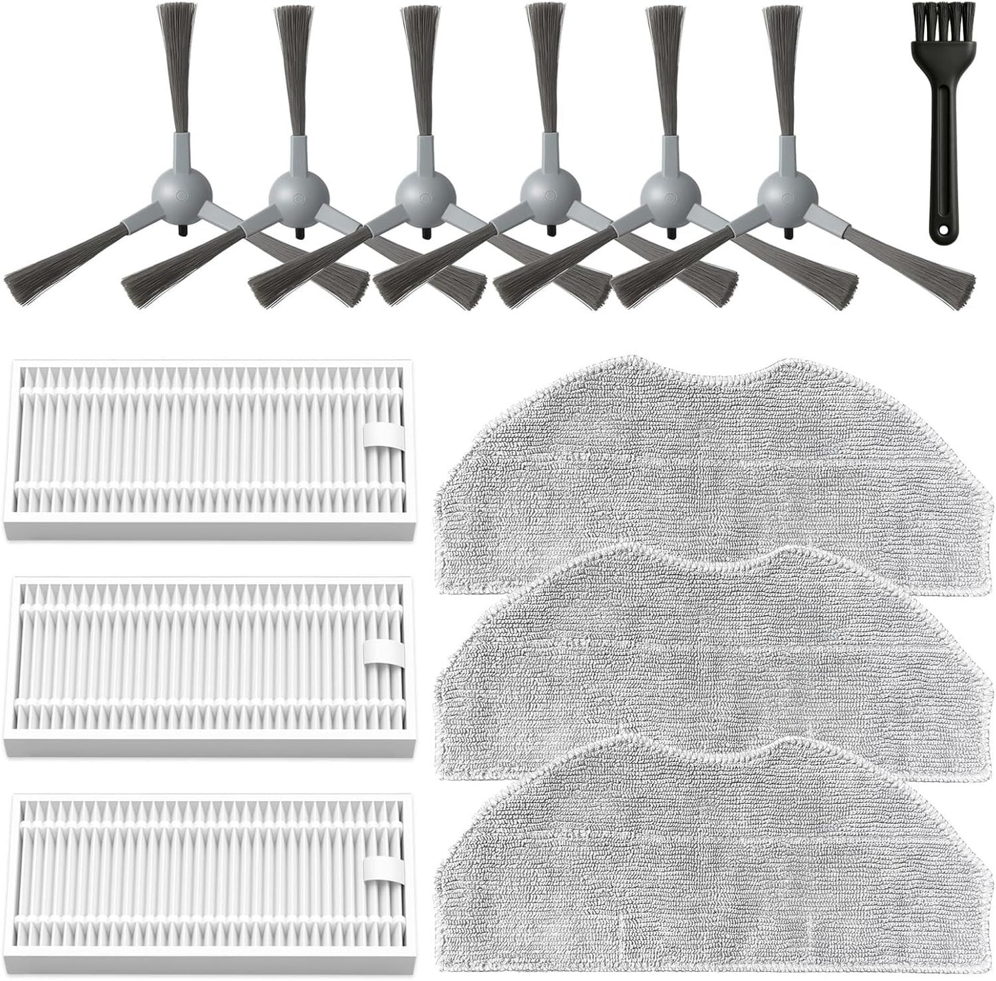Accessories Kit or ROPVACNIC S1, or Tipdiy G90, or betboyles V75S, or VIPSUN Z1, or PrettyCare C2 Robot Vacuum Replacement Parts, 6 Side Brush, 3 HEPA ilter, 3 Mop Pad