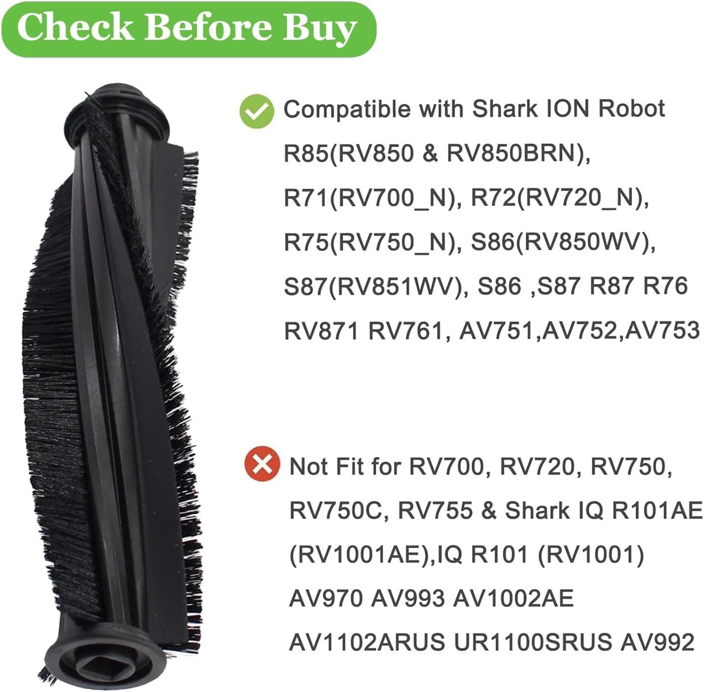 Main Roller Brush or Shark ION AV753 AV752 AV751 R85 RV850 S86 S87 S88 R71 R72 R75 RV761 RV771 RV871 ION Robot Vacuum Cleaner Replacement Accessories