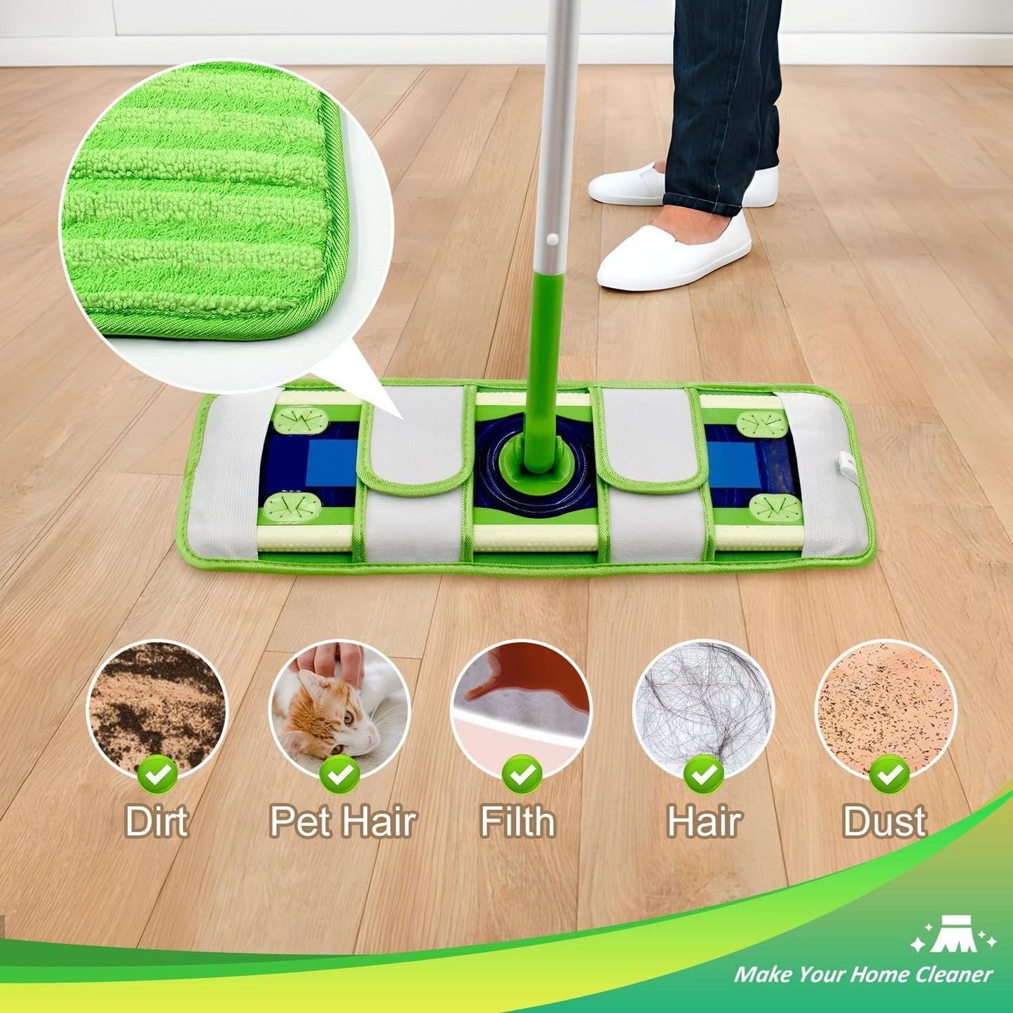 4 Pack Microiber Mop Pads or Swier XL Mops Reusable Wet and Dry Mopping Cloths Compatible with Swier Sweeper XL,Washable XL Mop Reill Replacement or All Hardwood Dry & Wet Cleaning
