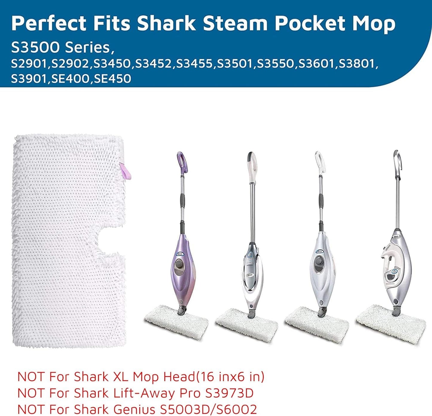 Steam Pocket Mop Replacement Pads or Shark S3500 Series S3501 S3601 S3550 S3901 SE450 S3801CO S3601D S2901 S2902 Steam Pocket Mop, 4 Pack