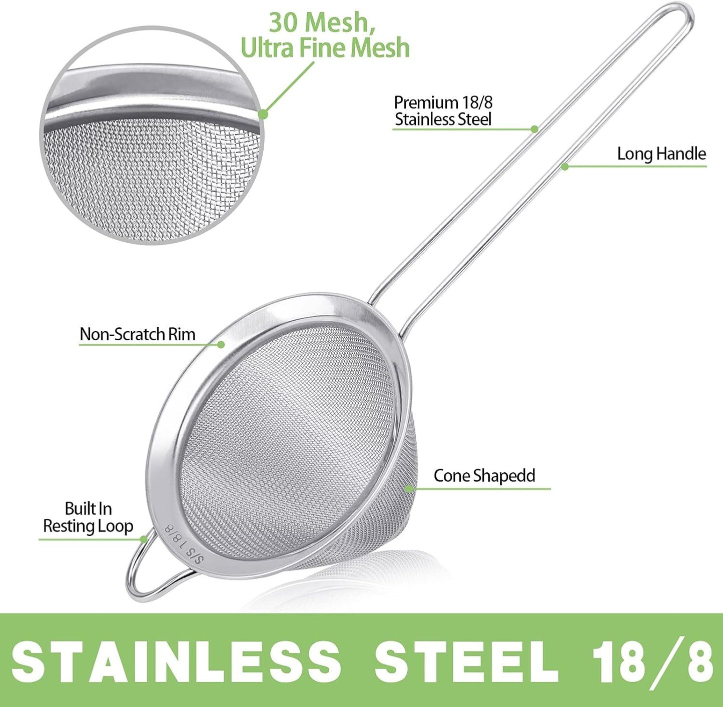 2 Pack Stainless Steel 18/8 Small ood Strainer, ine Mesh Sieve with Long Handle, Cocktail Strainer or Cocktails, Tea Herbs, Coee & Drinks, Rust Proo & Great as Tea Strainer, 3.5inch